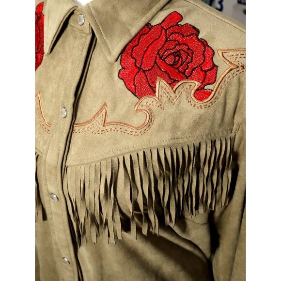 RODEO QUINCY Western Pearl Snap Shirt Embroidery Roses Fringe Women’s Sz 2XL - Picture 2 of 10
